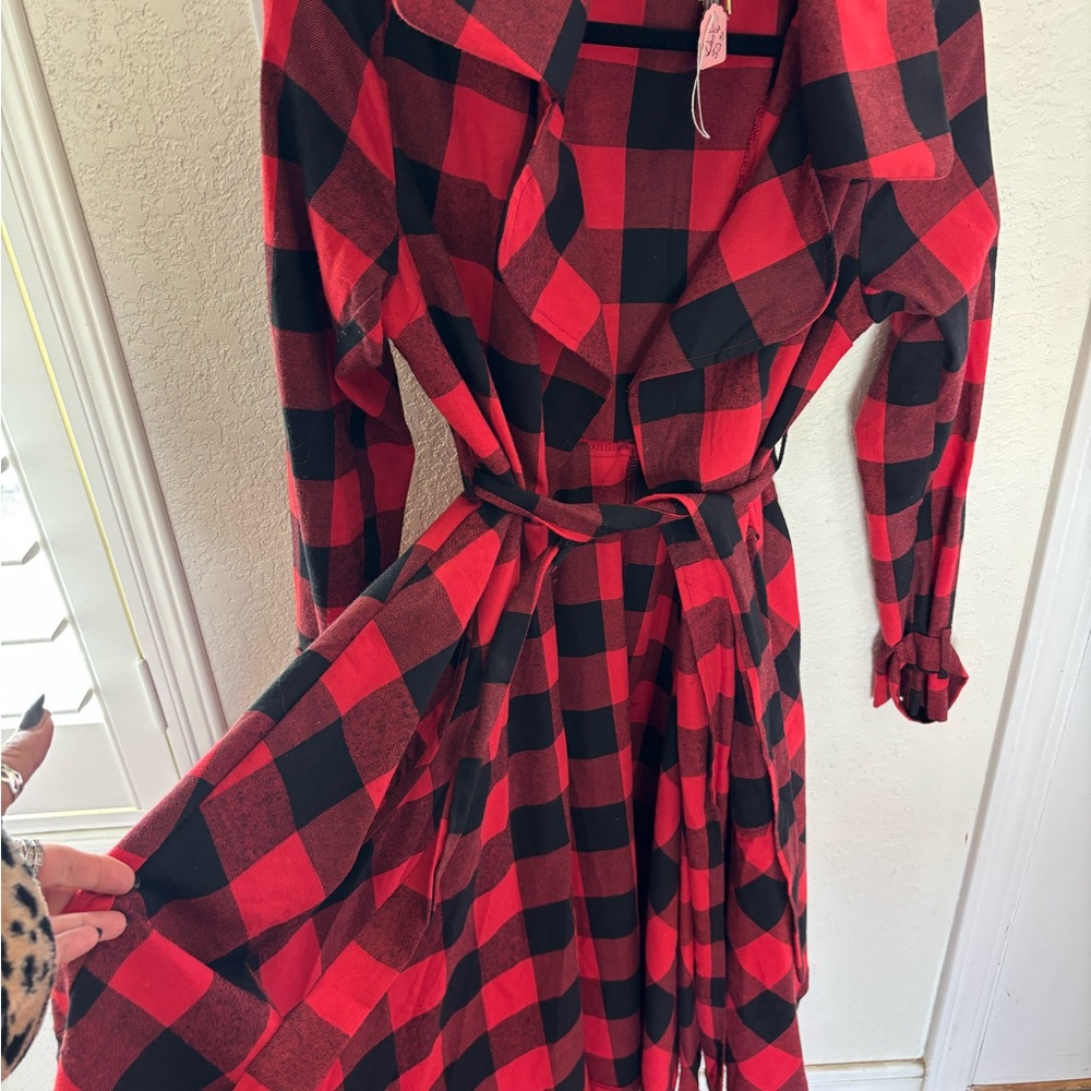 Red and Black Plaid Women's long coat